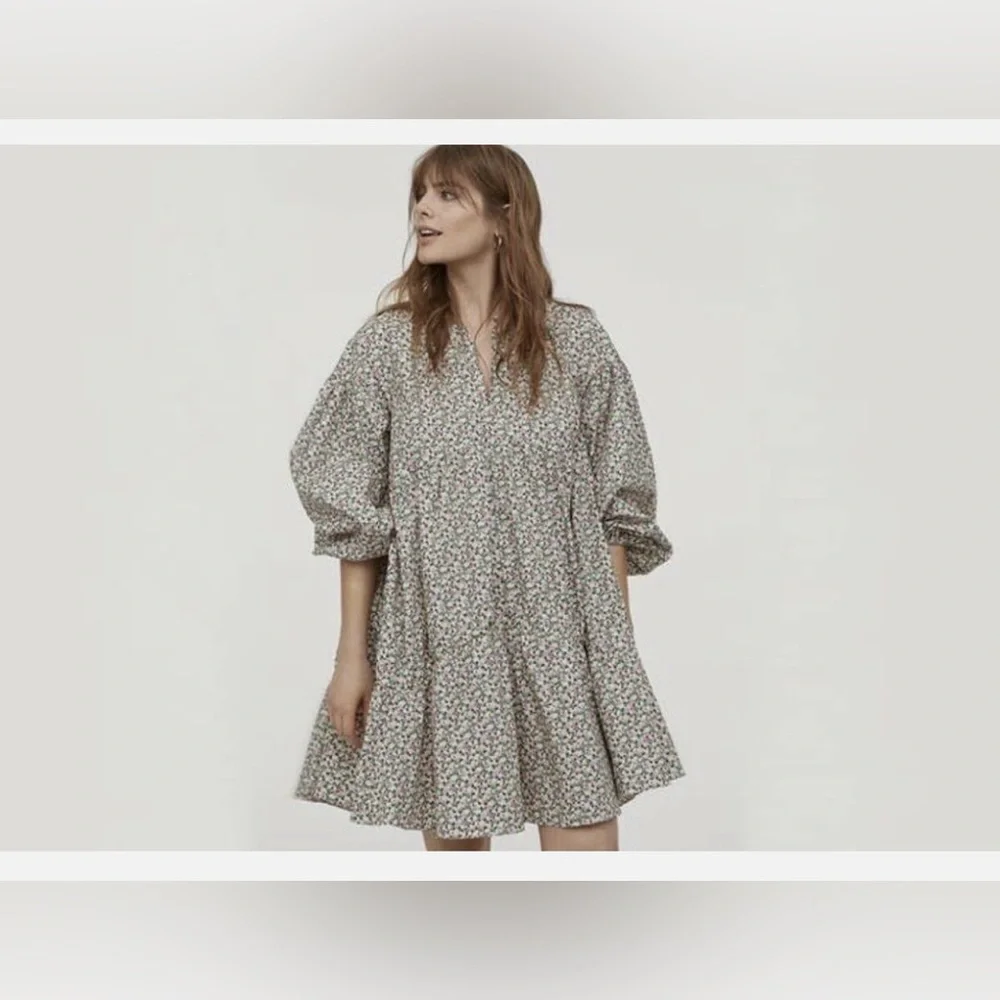 H&M Conscious Floral A-LINE COTTON Dress Floral Puff Sleeve size small - Picture 2 of 9